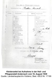 Kleiderzettel bei Aufnahme in der Heil- und Pflegeanstalt Andernach vom 16. August 1939, Quelle: Landeshauptarchiv Koblenz, Best. 426,6 Nr. 17199