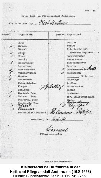 Kleiderzettel bei Aufnahme in der Heil- und Pflegeanstalt Andernach (16.8.1938), Quelle: Bundesarchiv Berlin R 179 Nr. 27651