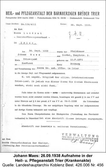 Johann Maes: 26.09.1938 Aufnahme in der Heil- u. Pflegeanstalt Trier (Krankenakte), Quelle: Landeshauptarchiv Koblenz Best. 426.006 Nr. 456
