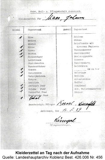 Kleiderzettel an Tag nach der Aufnahme, Quelle: Landeshauptarchiv Koblenz Best. 426.006 Nr. 456