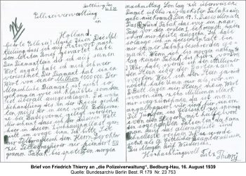 Brief von Friedrich Thierry an „die Polizeiverwaltung“, Bedburg-Hau, 16. August 1939, Quelle: Bundesarchiv Berlin Best. R 179  Nr. 23 753