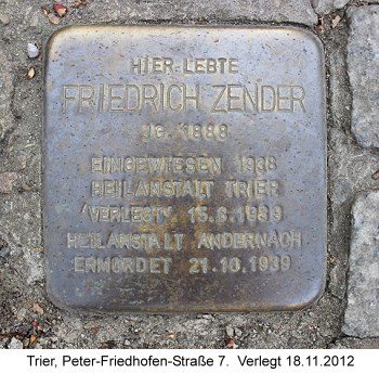 Stoplerstein Friedrich Zender, Trier, Peter-Friedhofen-Straße 7.  Verlegt 18. November 2012
