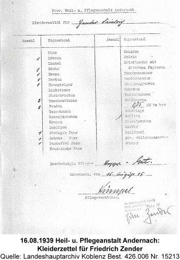 16.08.1939 Heil- u. Pflegeanstalt Andernach: Kleiderzettel für Friedrich Zender, Quelle: Landeshauptarchiv Koblenz Best. 426.006 Nr. 15213